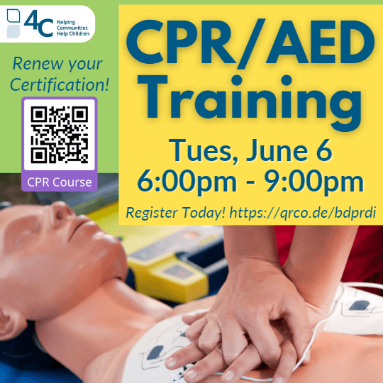 Text reads "Renew Your Certification! CPR / AED Training, Tues, June 6, 6-9 PM" with a link and QR code to register.